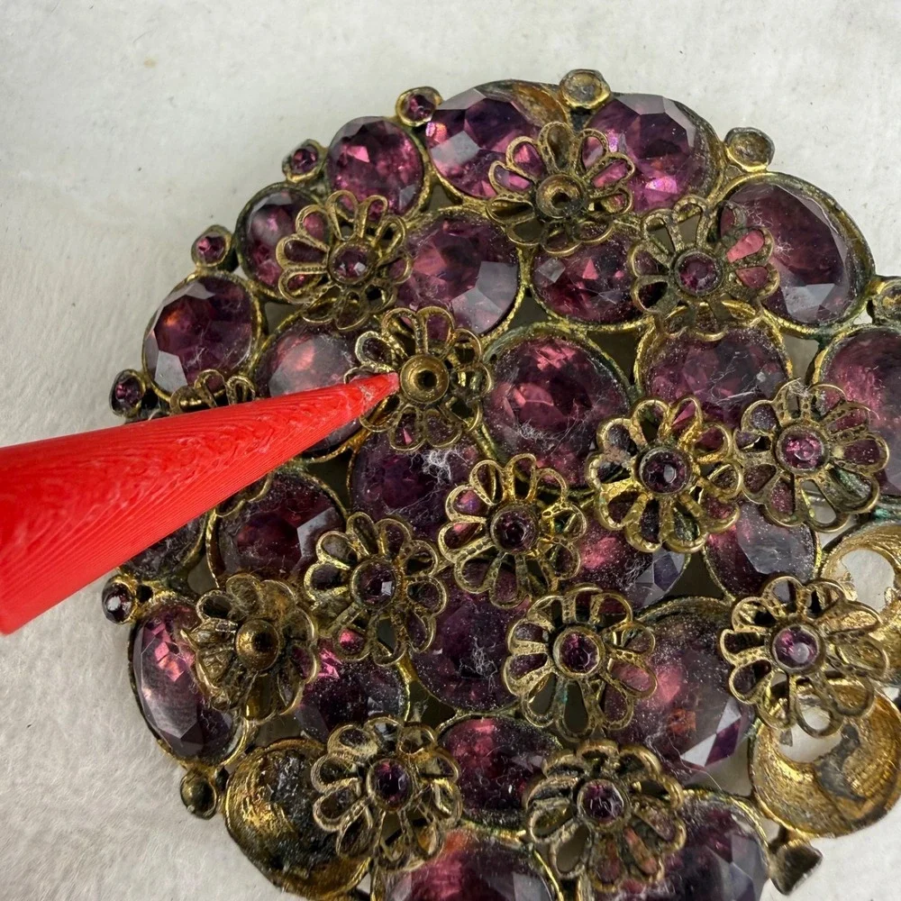 Vintage Rhinestone Brooch Gold Tone Purple Heavy WELL MADE  READ